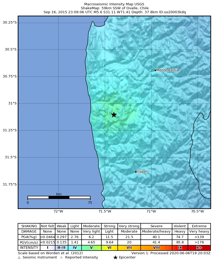 USGS ShakeMap: estimated shaking intensity around the epicenter