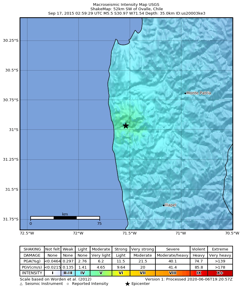 USGS ShakeMap: estimated shaking intensity around the epicenter