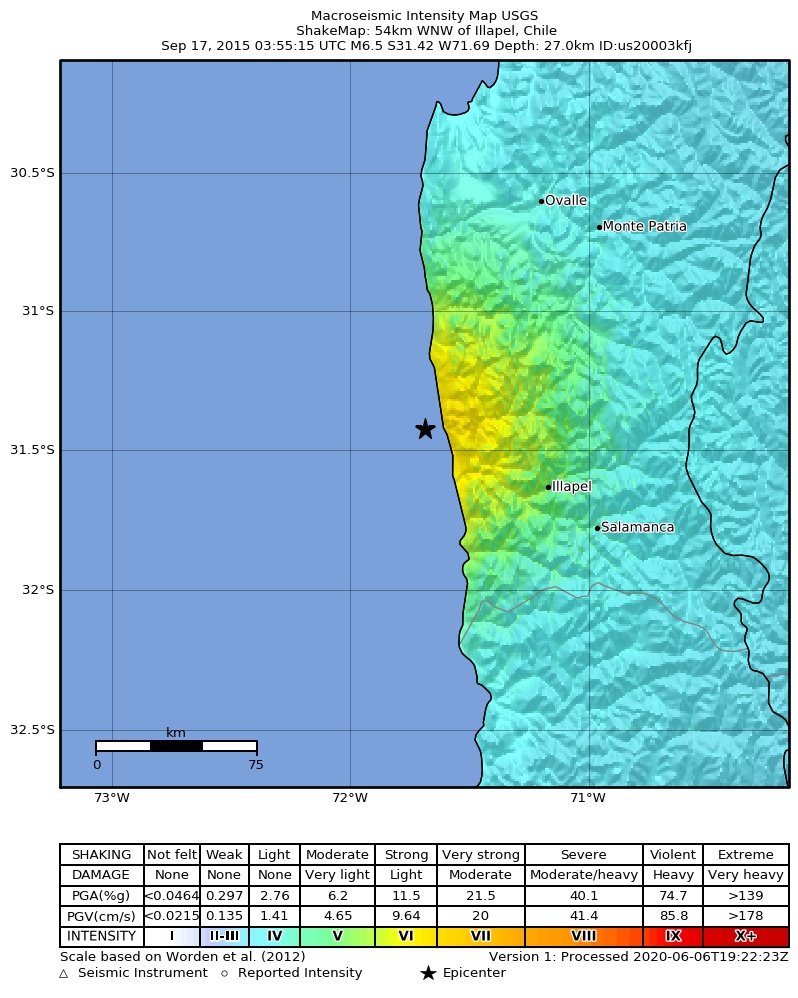 USGS ShakeMap: estimated shaking intensity around the epicenter