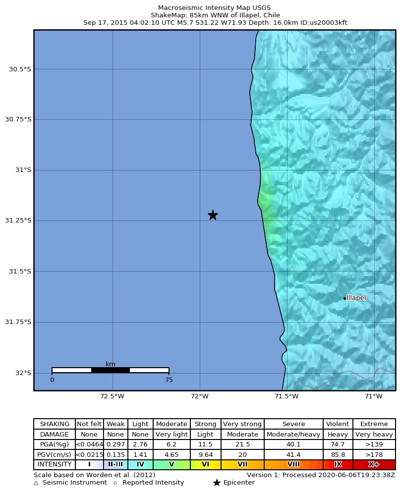 USGS ShakeMap: estimated shaking intensity around the epicenter