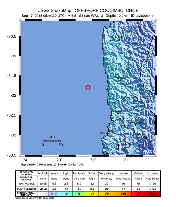 USGS ShakeMap: estimated shaking intensity around the epicenter
