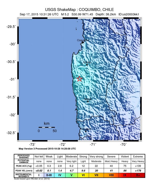 USGS ShakeMap: estimated shaking intensity around the epicenter