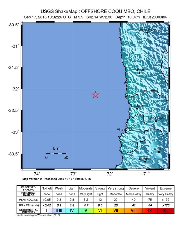 USGS ShakeMap: estimated shaking intensity around the epicenter