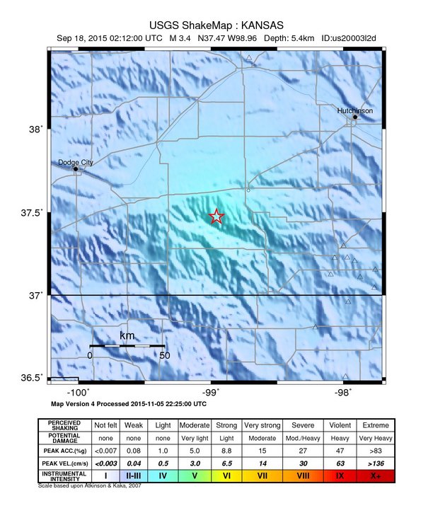 USGS ShakeMap: estimated shaking intensity around the epicenter