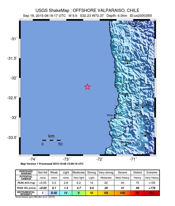 USGS ShakeMap: estimated shaking intensity around the epicenter