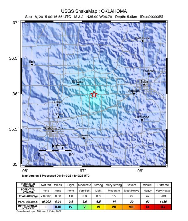 USGS ShakeMap: estimated shaking intensity around the epicenter