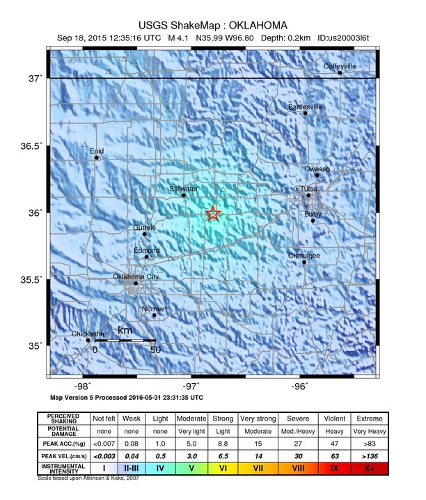 USGS ShakeMap: estimated shaking intensity around the epicenter