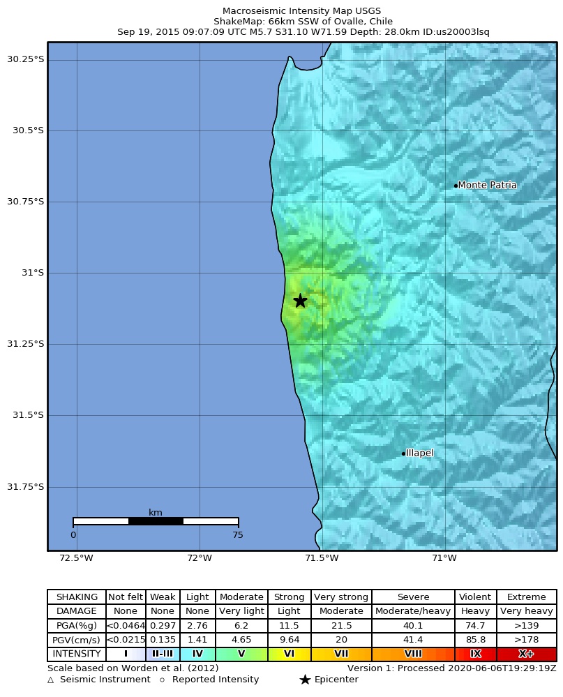 USGS ShakeMap: estimated shaking intensity around the epicenter