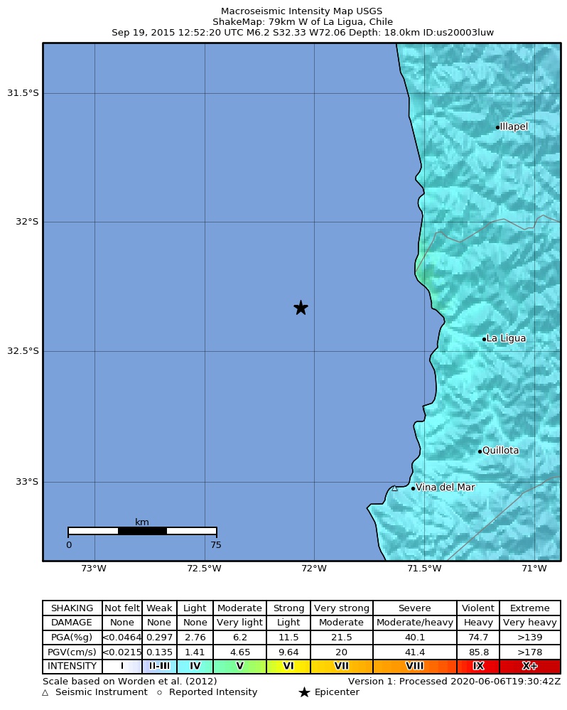 USGS ShakeMap: estimated shaking intensity around the epicenter