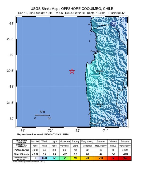 USGS ShakeMap: estimated shaking intensity around the epicenter