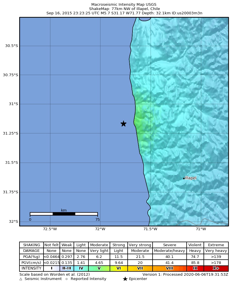 USGS ShakeMap: estimated shaking intensity around the epicenter