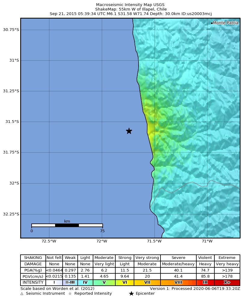 USGS ShakeMap: estimated shaking intensity around the epicenter