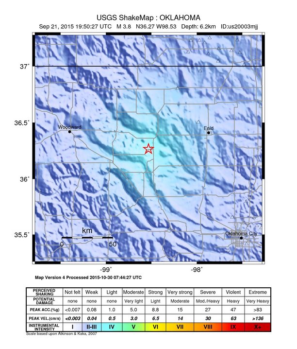 USGS ShakeMap: estimated shaking intensity around the epicenter