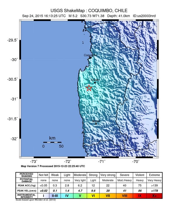 USGS ShakeMap: estimated shaking intensity around the epicenter