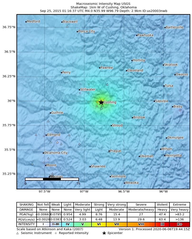 USGS ShakeMap: estimated shaking intensity around the epicenter