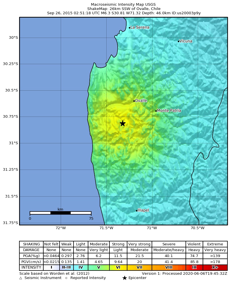 USGS ShakeMap: estimated shaking intensity around the epicenter