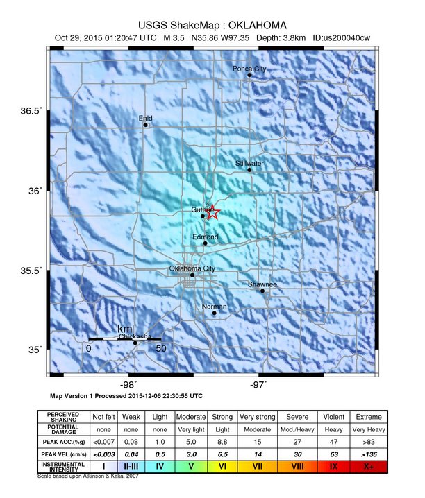 USGS ShakeMap: estimated shaking intensity around the epicenter
