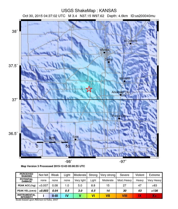 USGS ShakeMap: estimated shaking intensity around the epicenter
