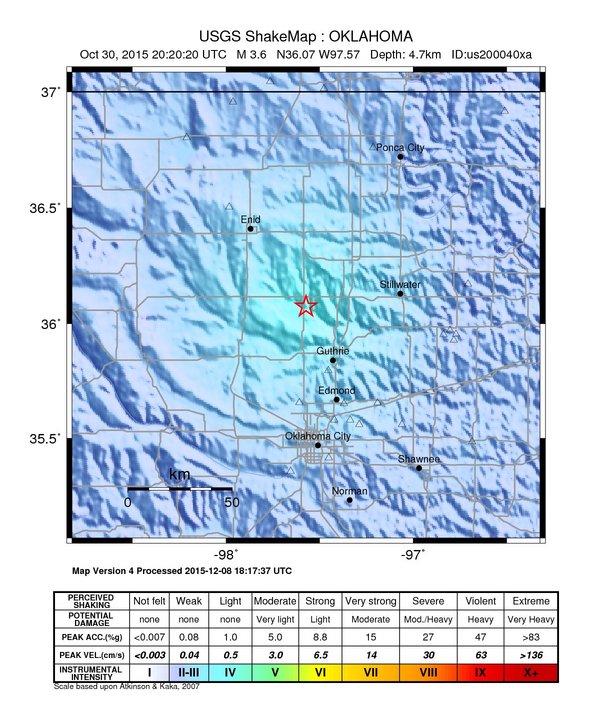 USGS ShakeMap: estimated shaking intensity around the epicenter