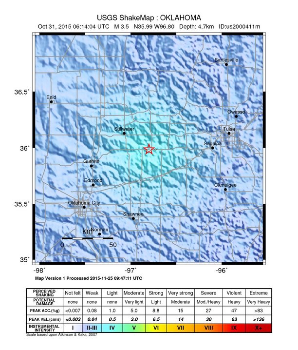 USGS ShakeMap: estimated shaking intensity around the epicenter