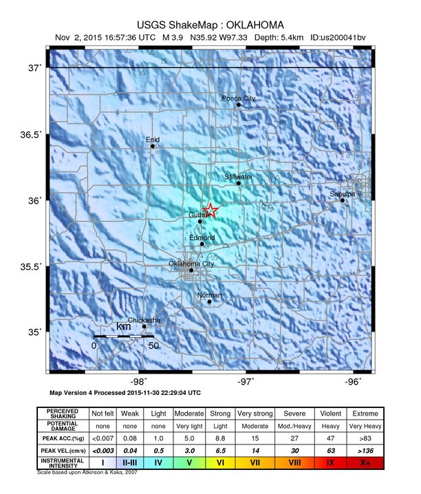 USGS ShakeMap: estimated shaking intensity around the epicenter