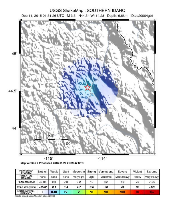 USGS ShakeMap: estimated shaking intensity around the epicenter