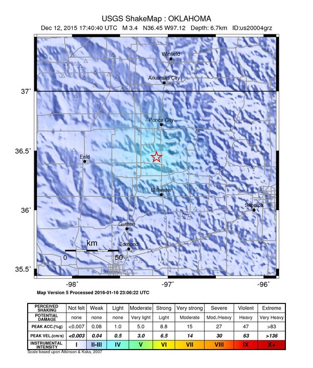 USGS ShakeMap: estimated shaking intensity around the epicenter