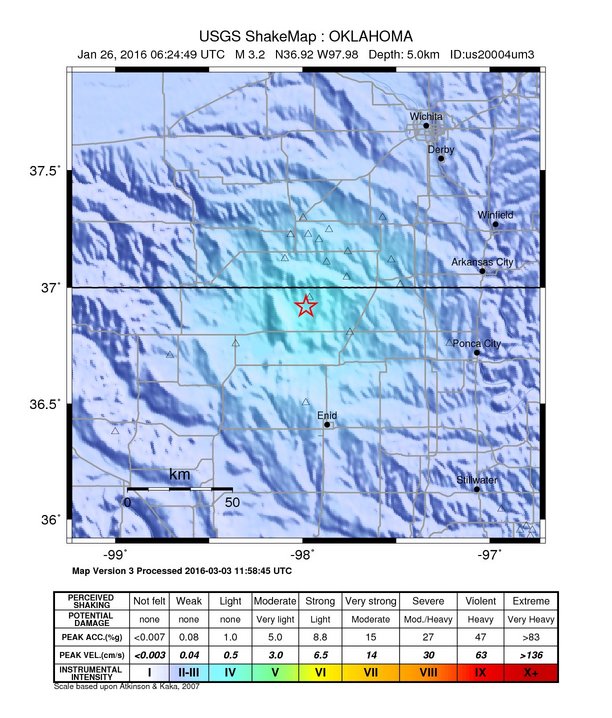 USGS ShakeMap: estimated shaking intensity around the epicenter