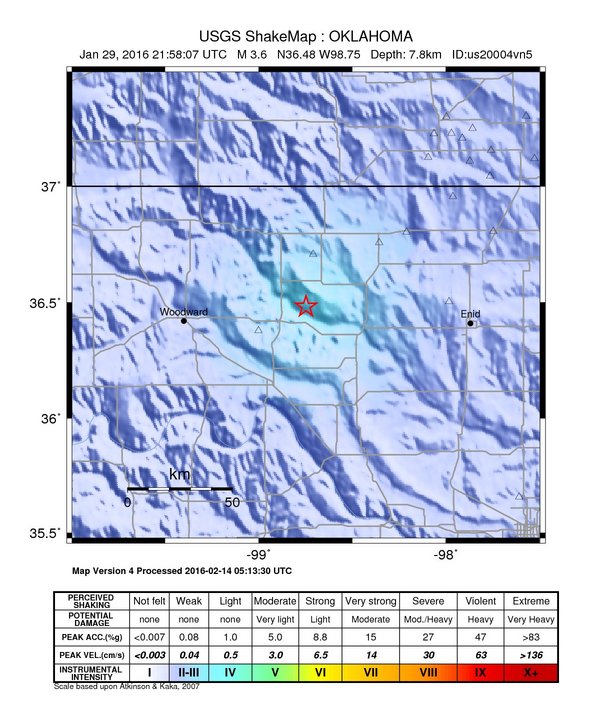 USGS ShakeMap: estimated shaking intensity around the epicenter