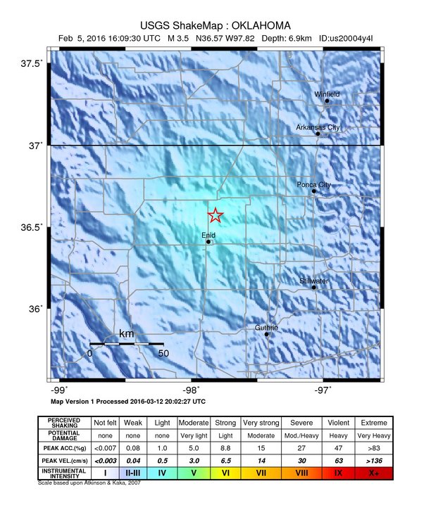 USGS ShakeMap: estimated shaking intensity around the epicenter