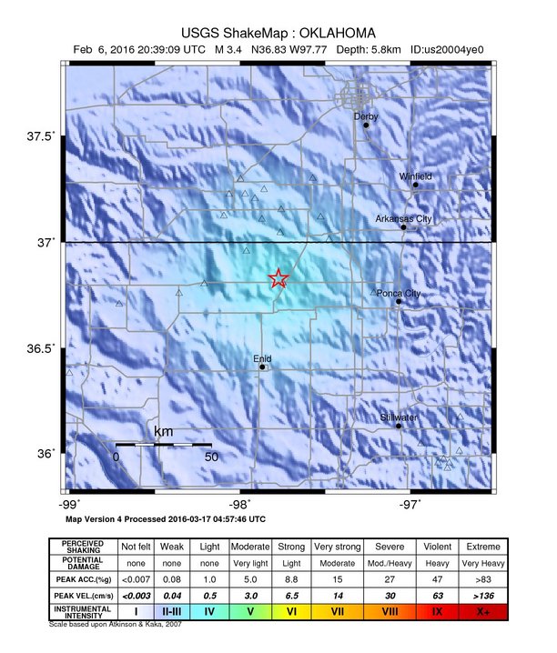 USGS ShakeMap: estimated shaking intensity around the epicenter