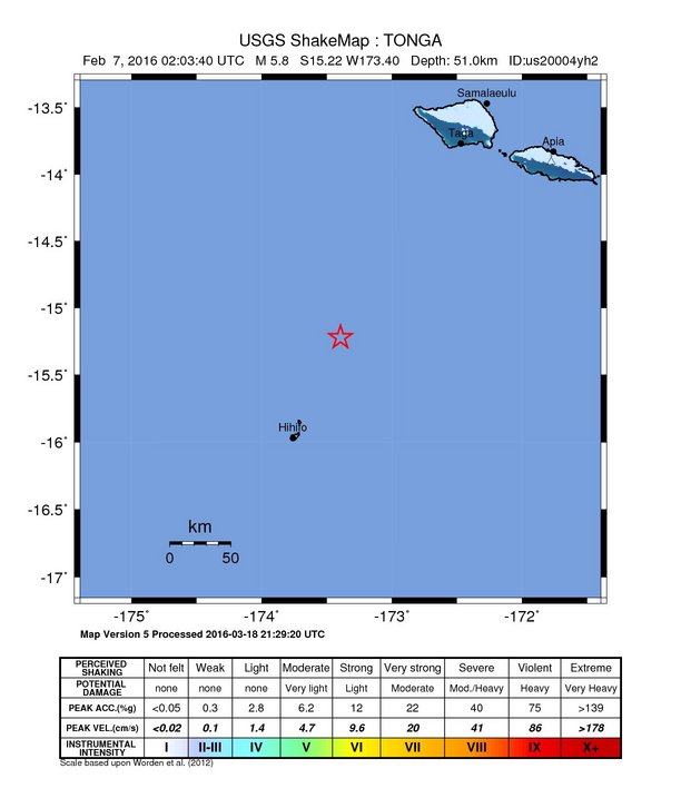 USGS ShakeMap: estimated shaking intensity around the epicenter