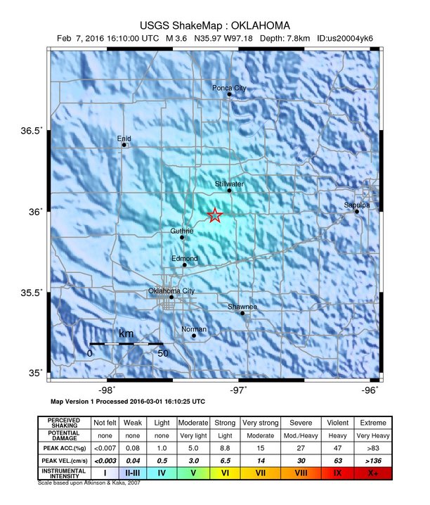USGS ShakeMap: estimated shaking intensity around the epicenter