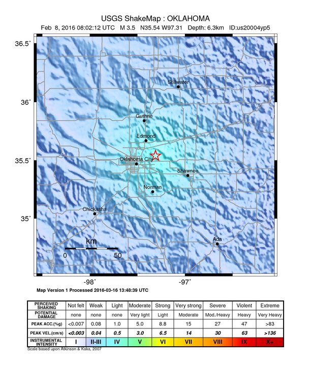 USGS ShakeMap: estimated shaking intensity around the epicenter