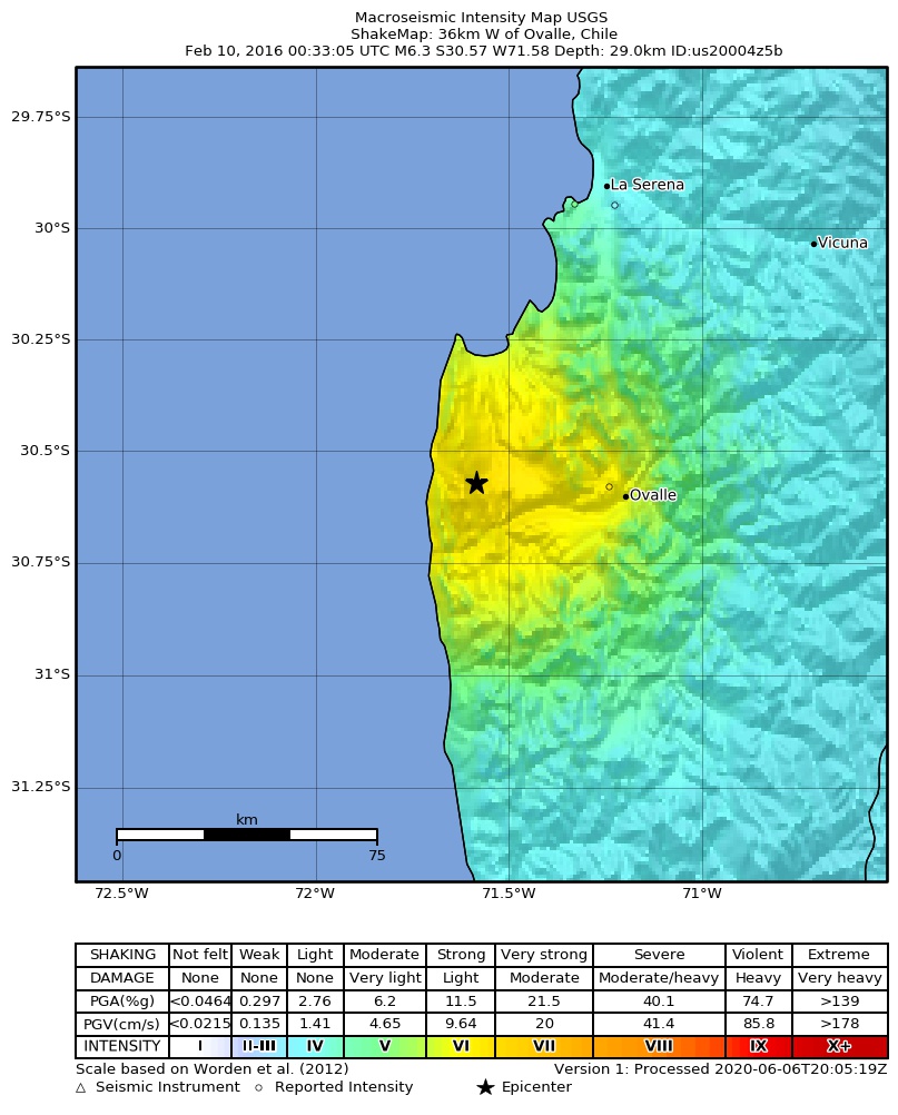 USGS ShakeMap: estimated shaking intensity around the epicenter