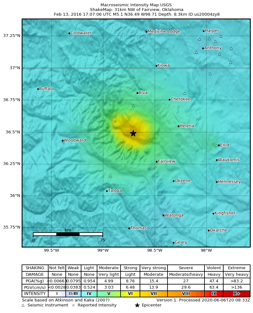 USGS ShakeMap: estimated shaking intensity around the epicenter