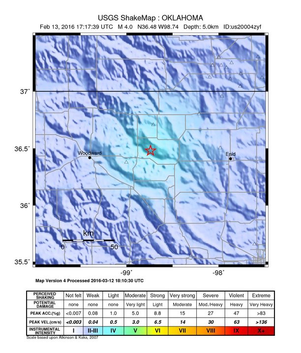 USGS ShakeMap: estimated shaking intensity around the epicenter