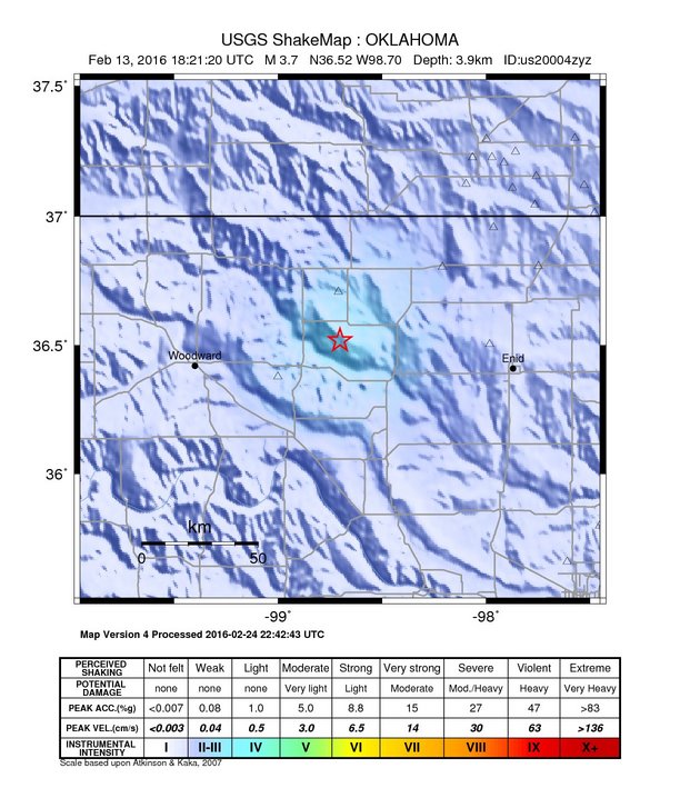 USGS ShakeMap: estimated shaking intensity around the epicenter