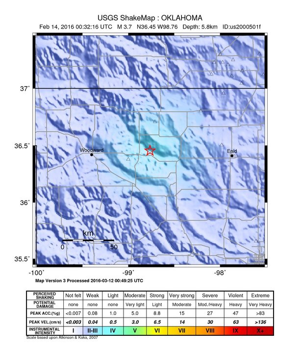 USGS ShakeMap: estimated shaking intensity around the epicenter