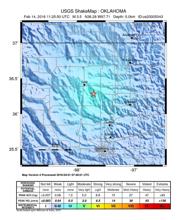 USGS ShakeMap: estimated shaking intensity around the epicenter