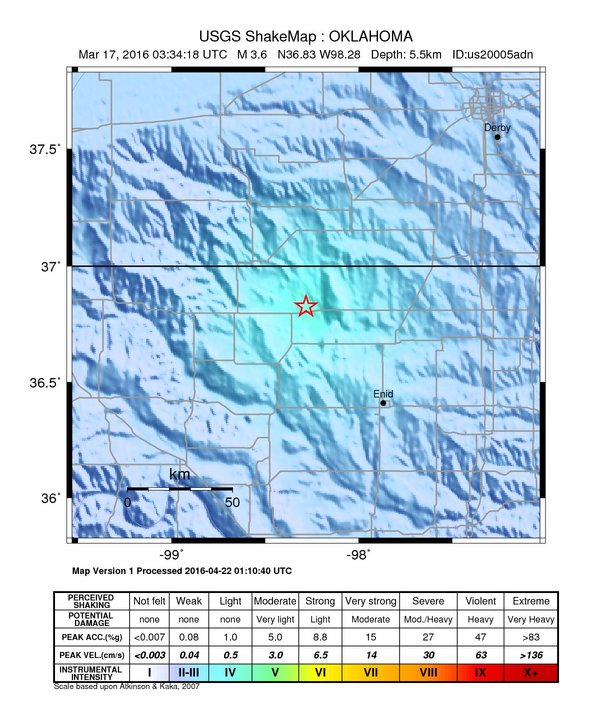 USGS ShakeMap: estimated shaking intensity around the epicenter