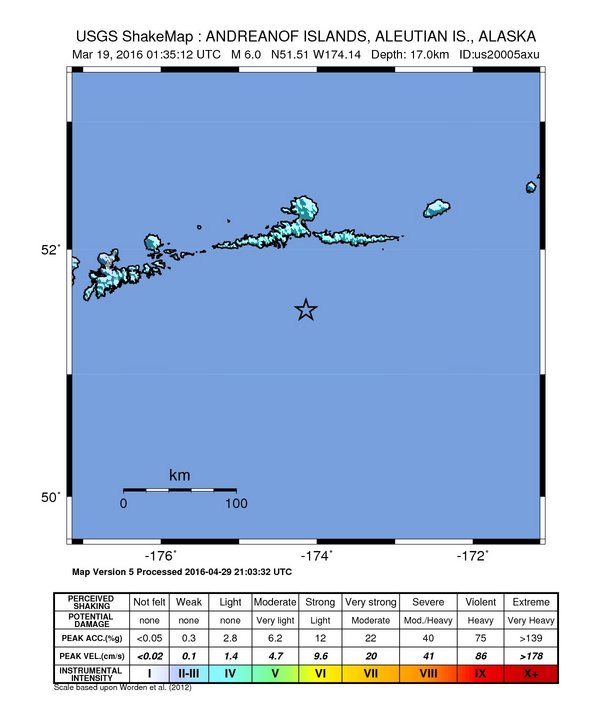 USGS ShakeMap: estimated shaking intensity around the epicenter