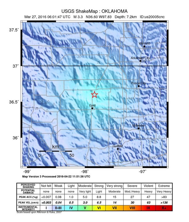 USGS ShakeMap: estimated shaking intensity around the epicenter