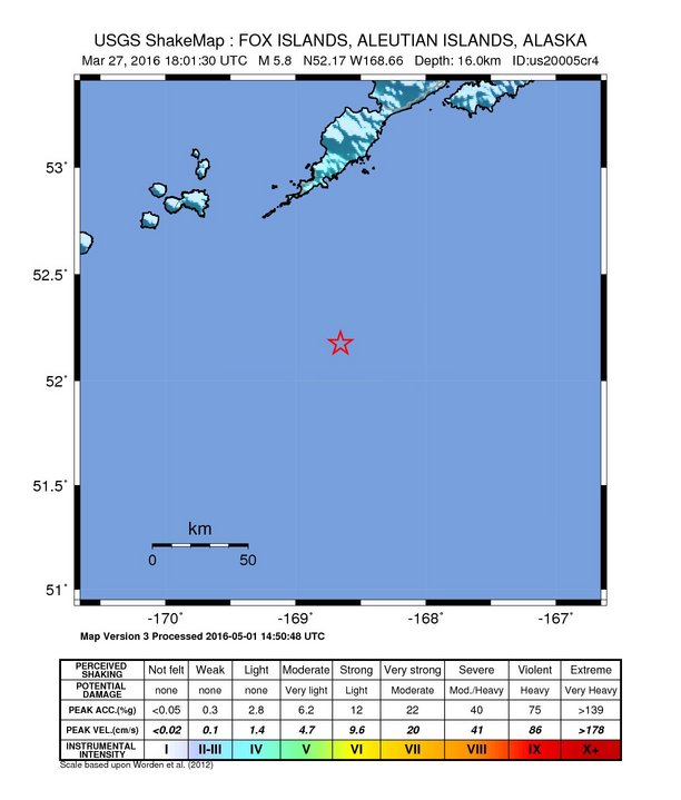 USGS ShakeMap: estimated shaking intensity around the epicenter