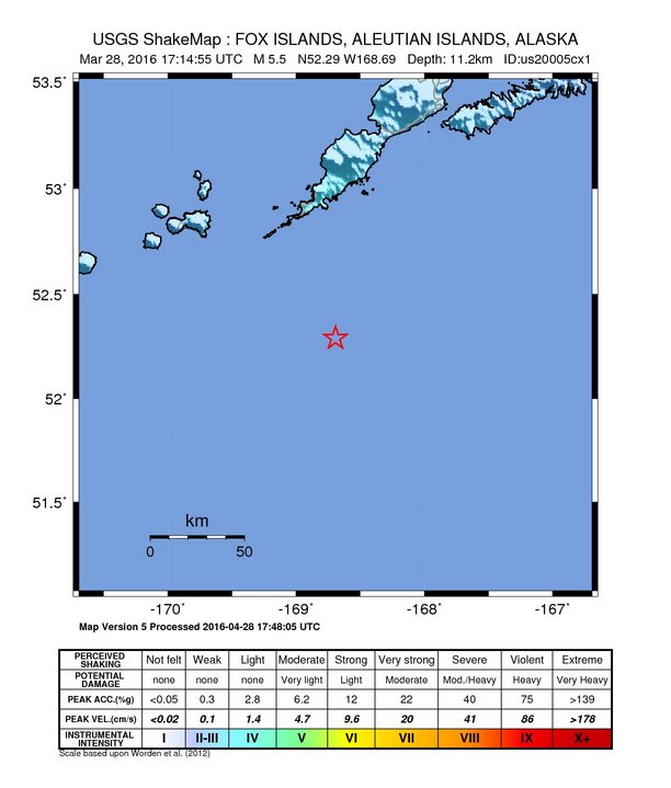 USGS ShakeMap: estimated shaking intensity around the epicenter