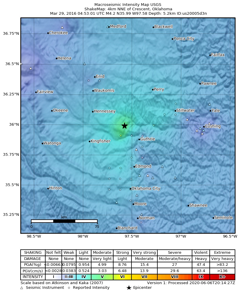 USGS ShakeMap: estimated shaking intensity around the epicenter