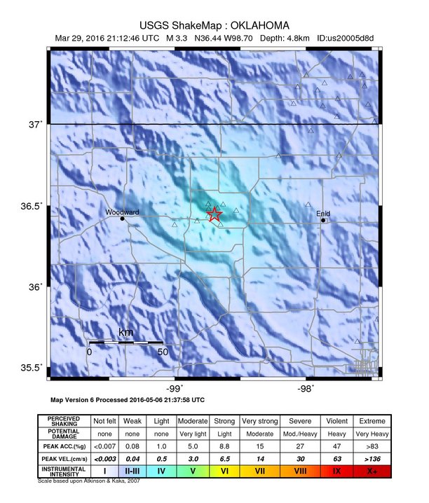 USGS ShakeMap: estimated shaking intensity around the epicenter