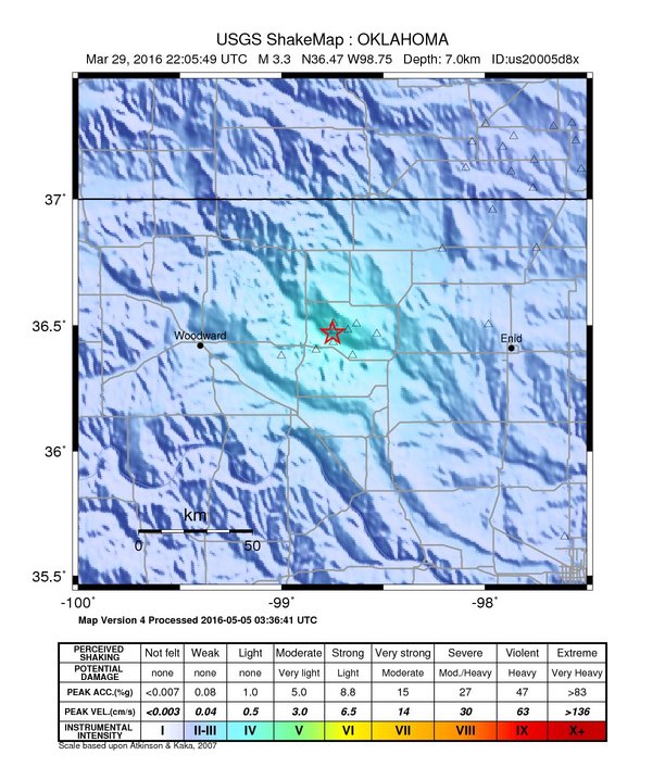USGS ShakeMap: estimated shaking intensity around the epicenter