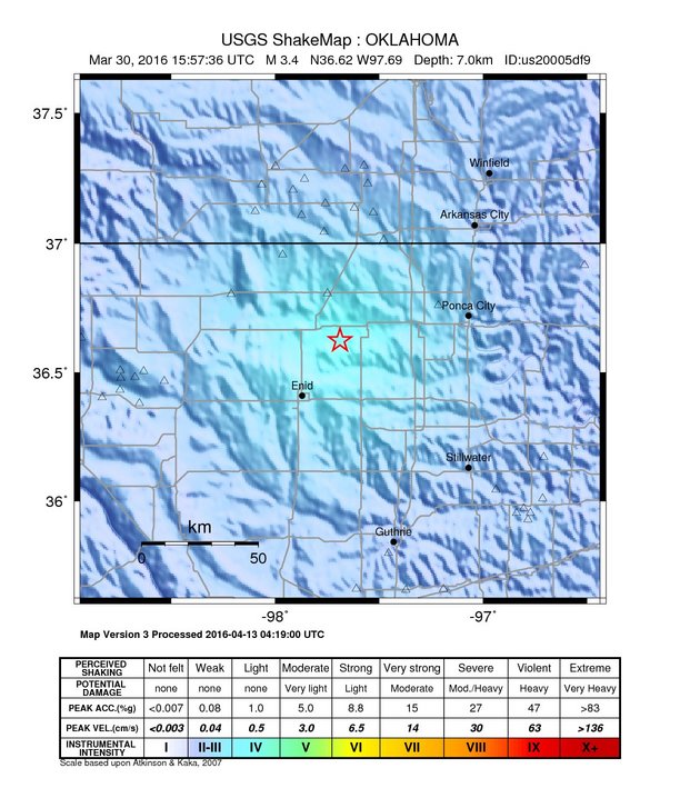 USGS ShakeMap: estimated shaking intensity around the epicenter