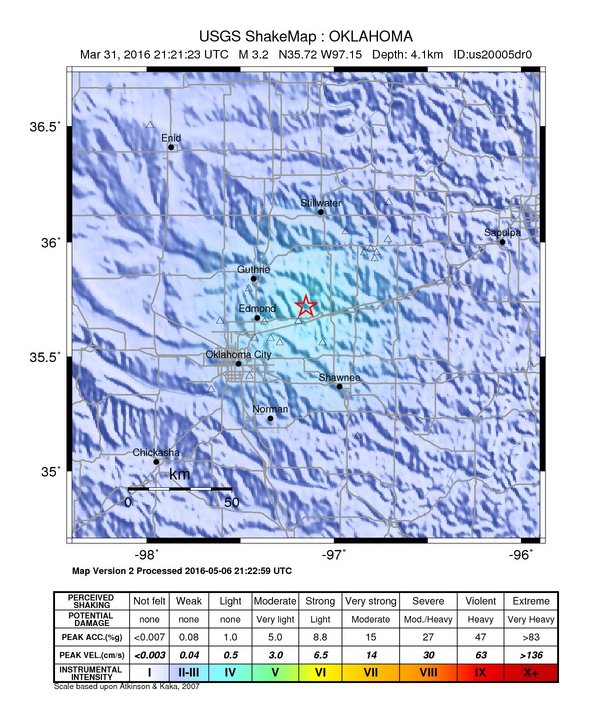 USGS ShakeMap: estimated shaking intensity around the epicenter